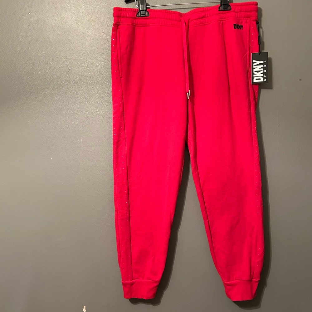 NWT DKNY Sport Large Red Bling Gemstone Fleece-lined Elastic Sweatpants Pants!